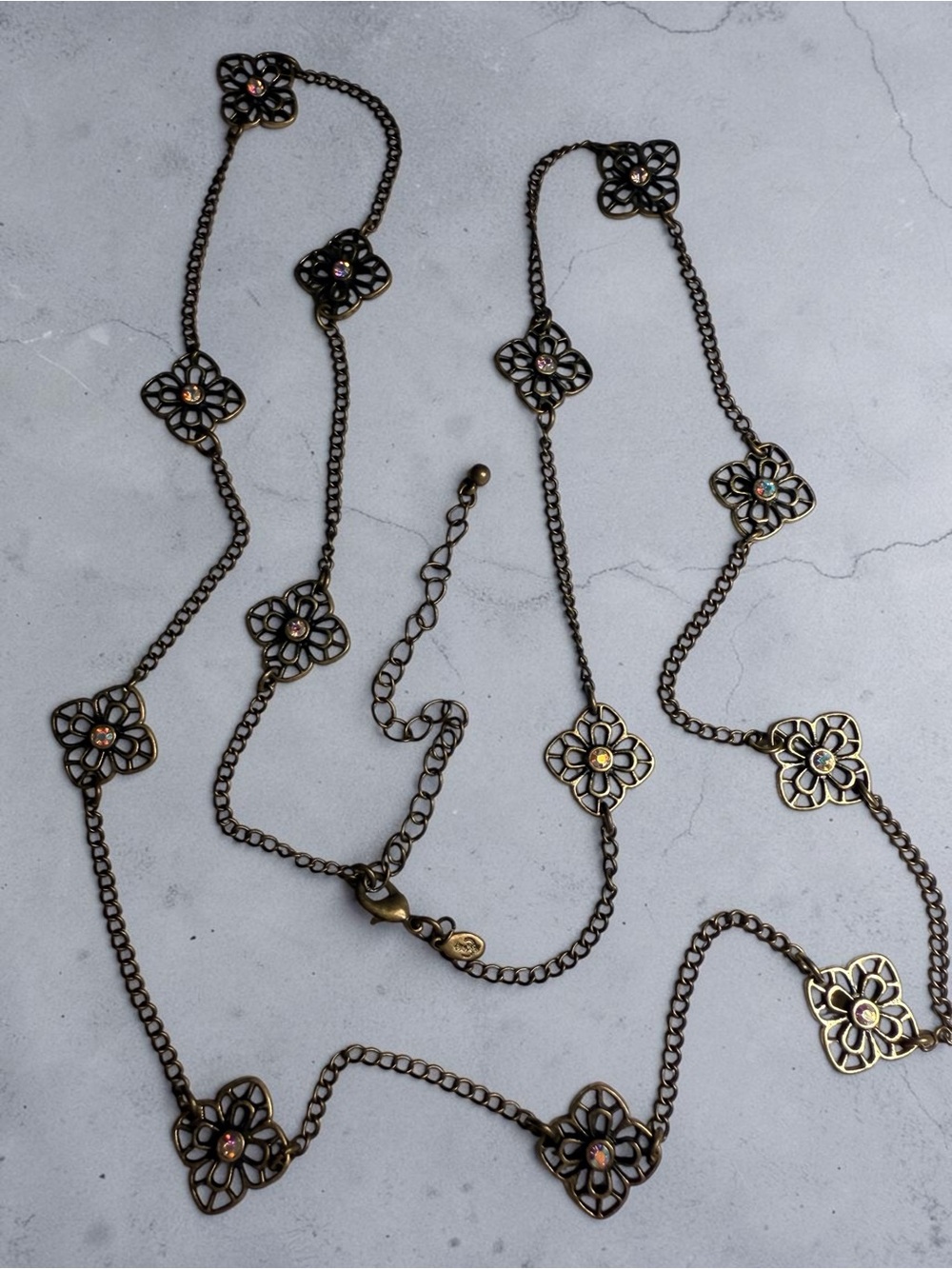 Antique Brass Floral Link Necklace with Multicolor Rhinestones